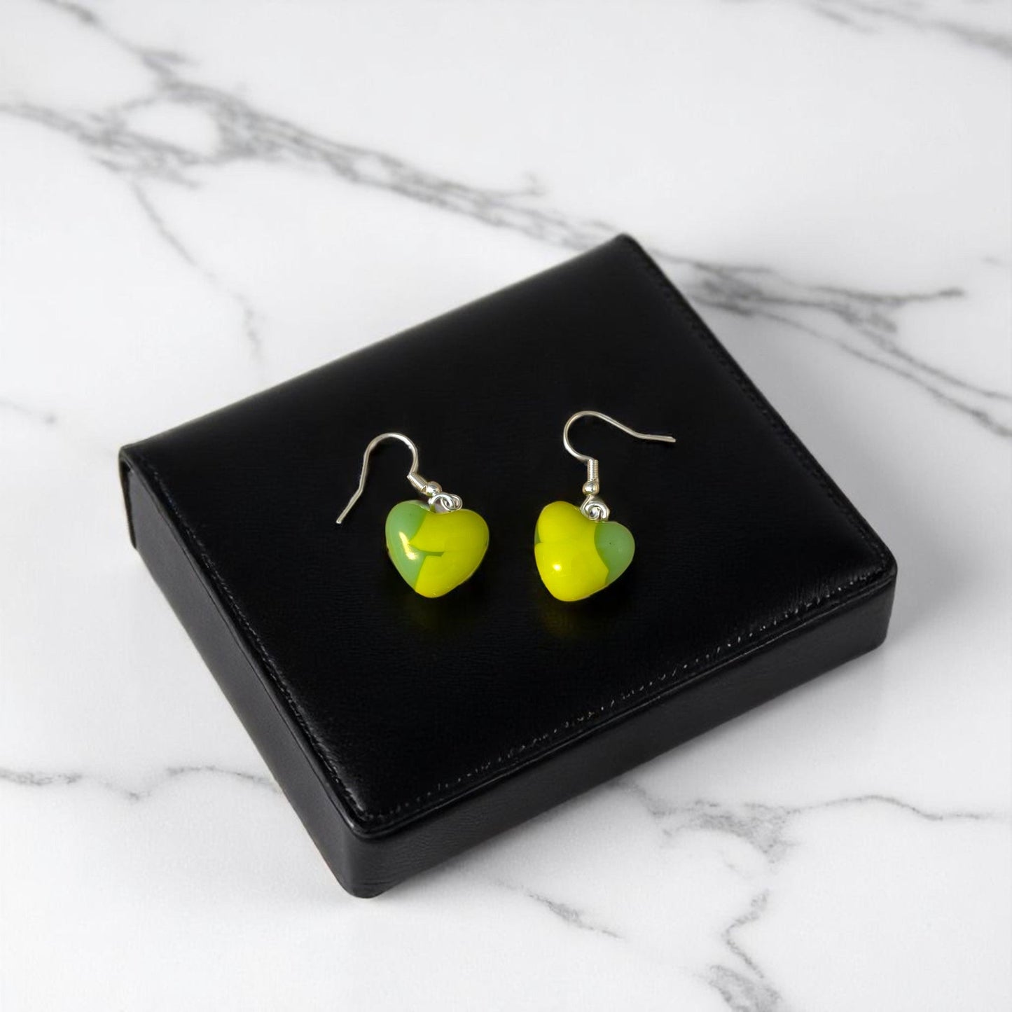 Heart Earrings made of Fused Glass in Spring Green and jade