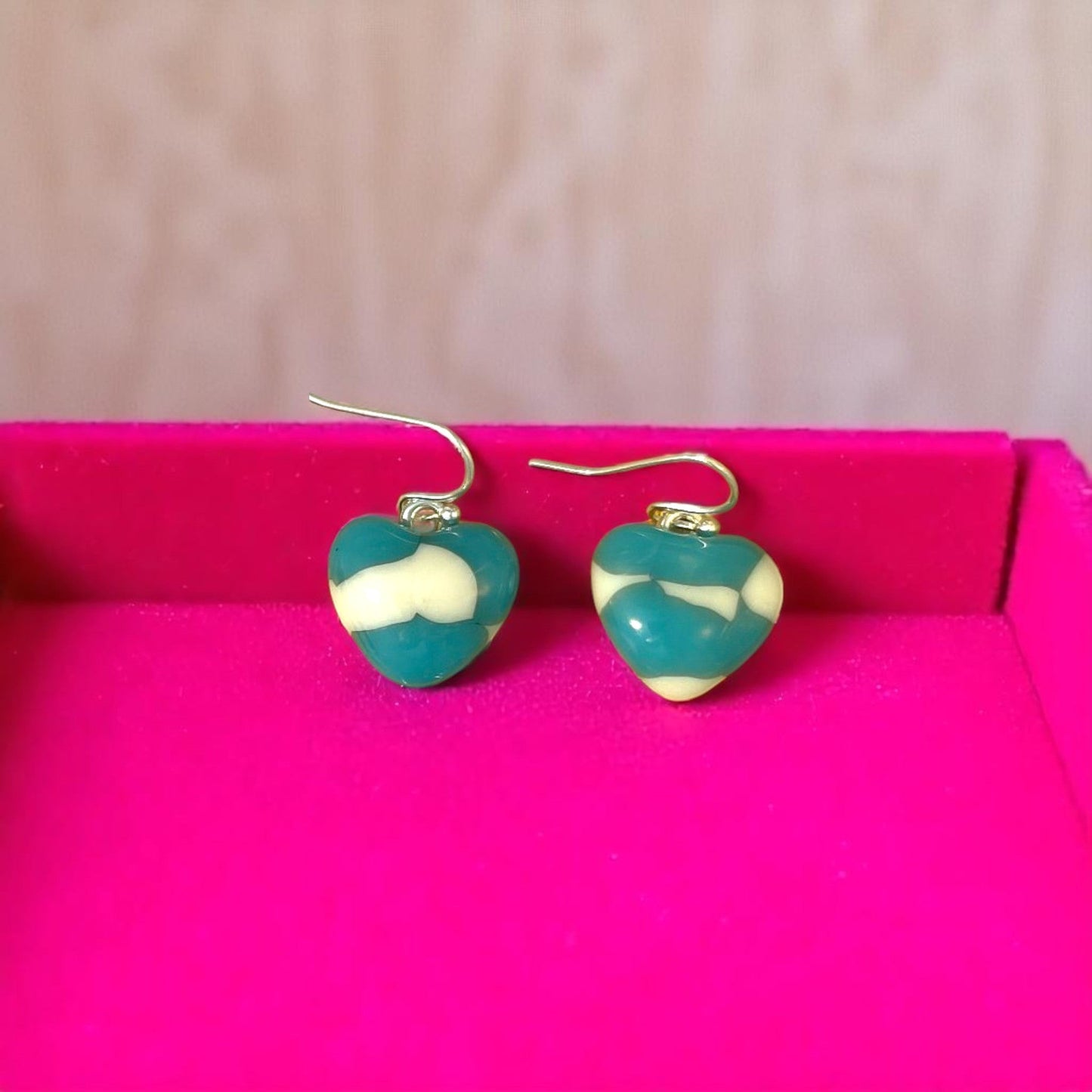 Heart Earrings made of Fused Glass in Turquoise and French Vanilla