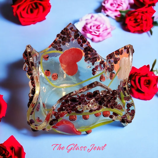 Red Heart Flowers and Lucky Ladybug Votive - The Glass JewlRed Heart Flowers and Lucky Ladybug Votive