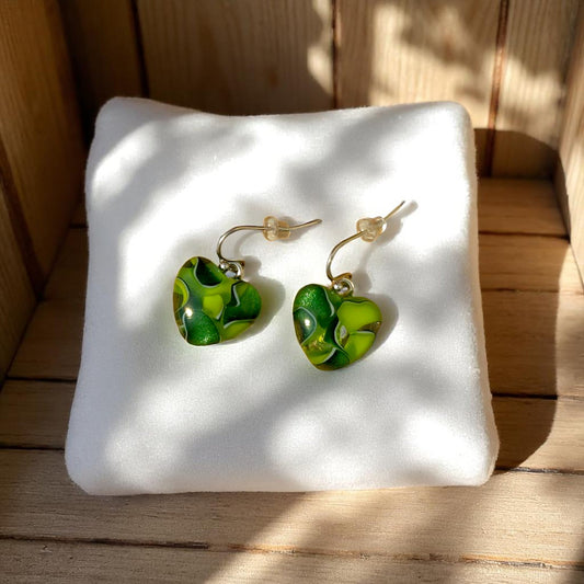 Heart Earrings made of Fused Glass Emerald and Spring Green Swirls