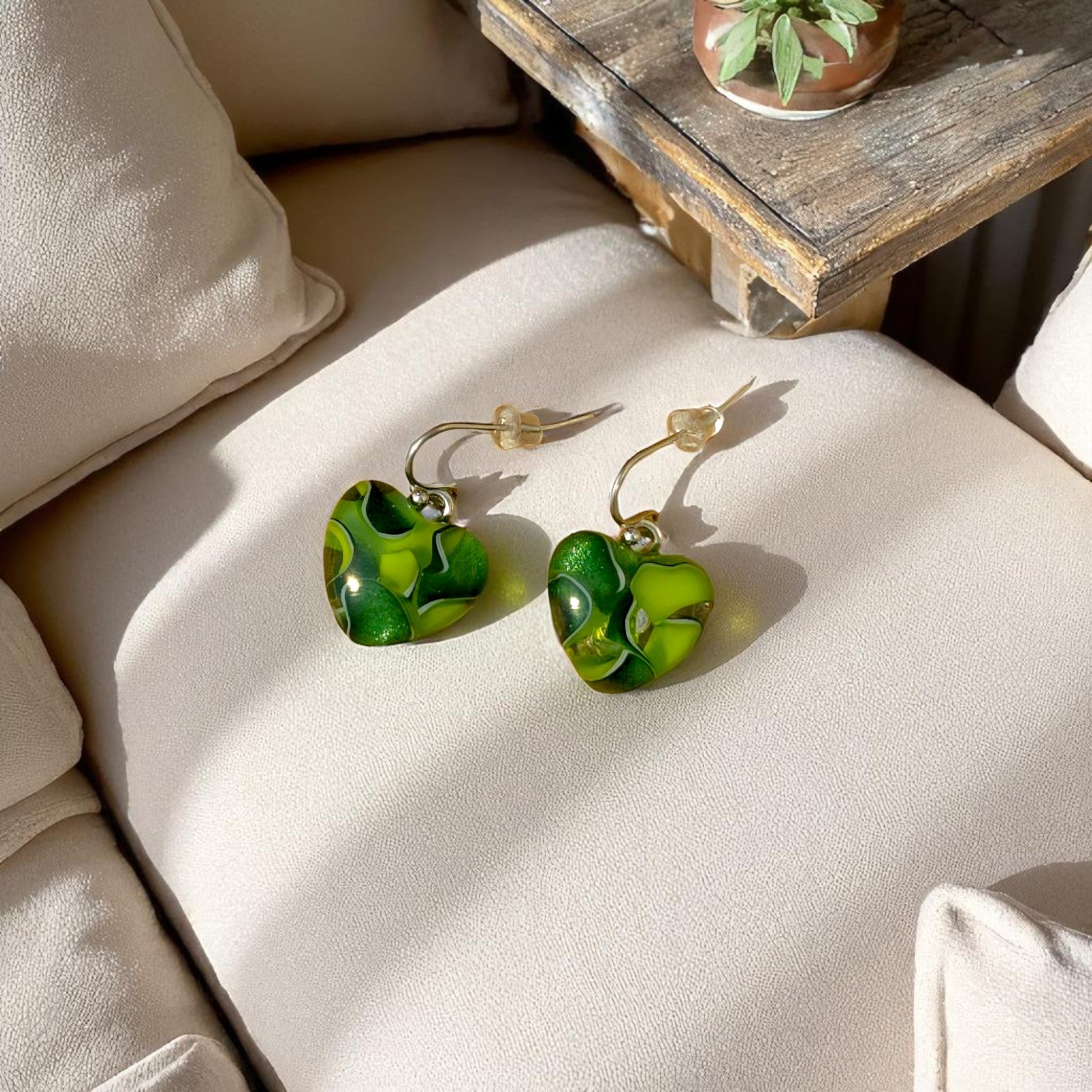 Heart Earrings made of Fused Glass Emerald and Spring Green Swirls