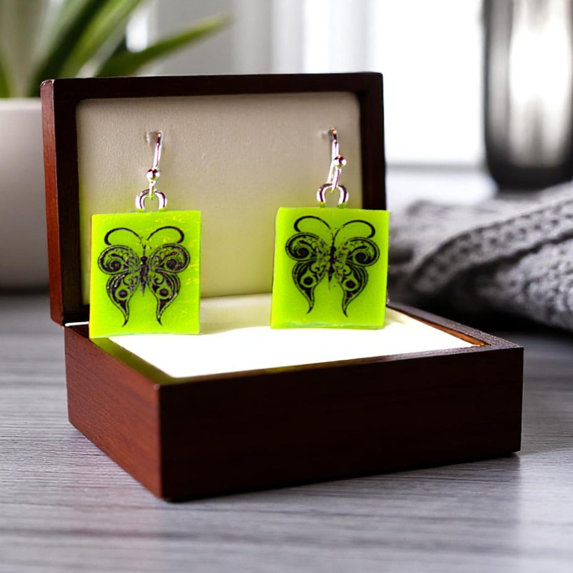 Butterfly Fused Glass Earrings on Bright Green Glass