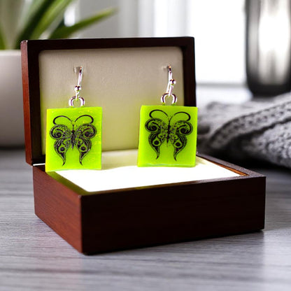 Butterfly Fused Glass Earrings on Bright Green Glass