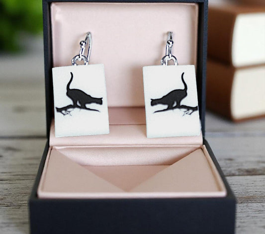 Cat on a Branch Fused Glass Earrings on White Glass
