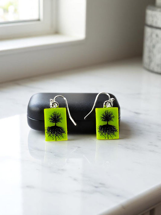 Tree of Life Fused Glass Earrings on Bright Green Glass