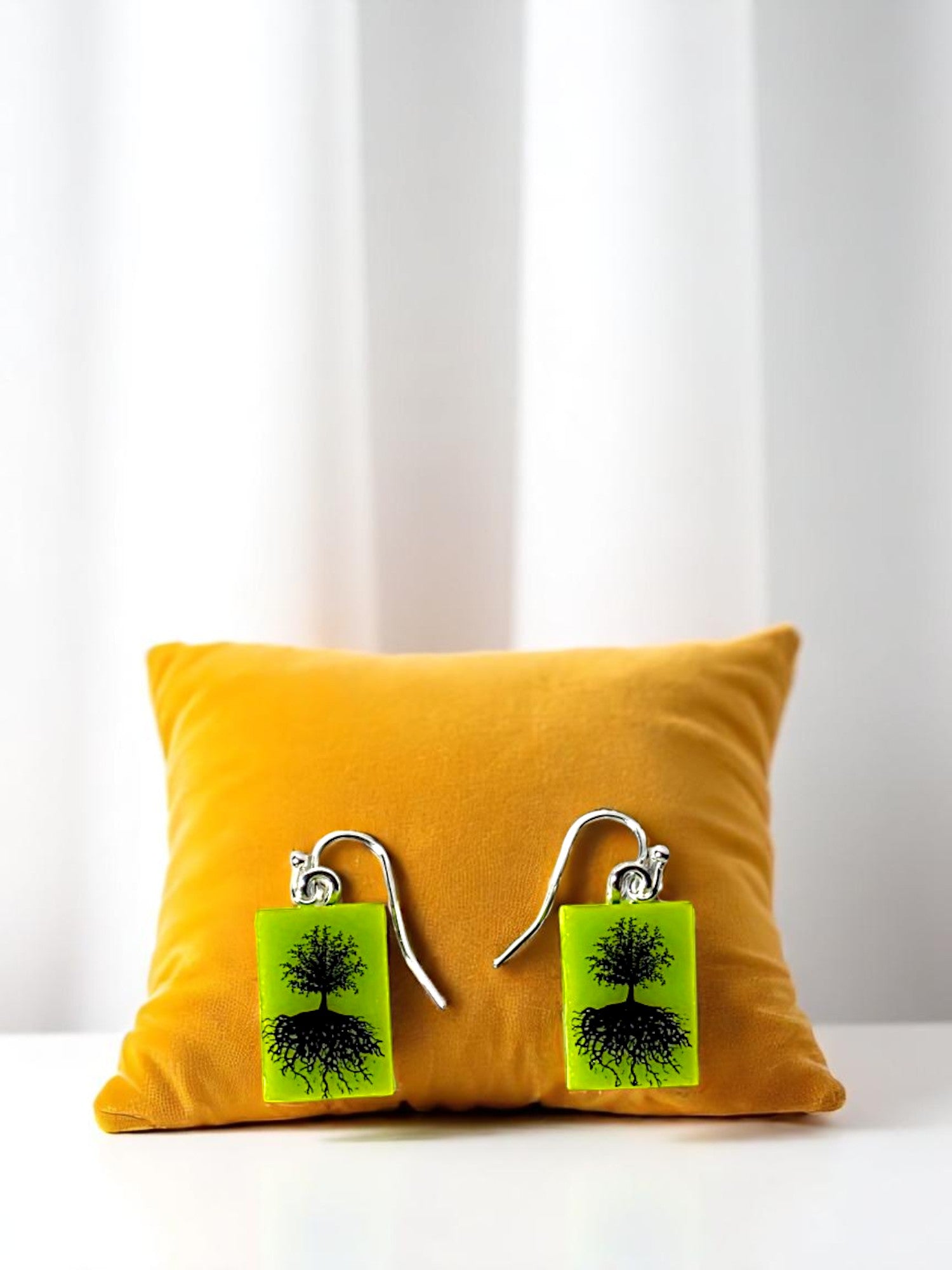 Tree of Life Fused Glass Earrings on Bright Green Glass