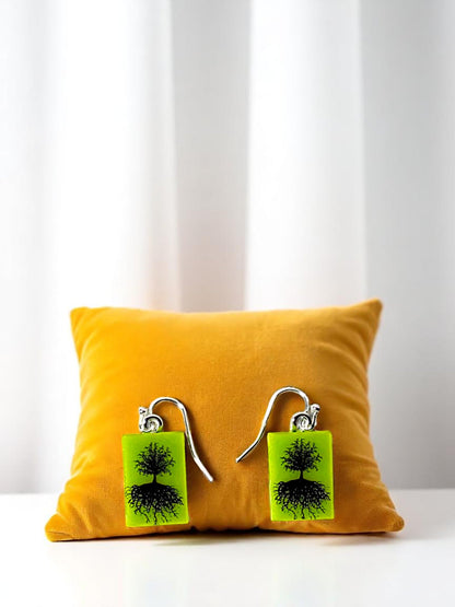 Tree of Life Fused Glass Earrings on Bright Green Glass
