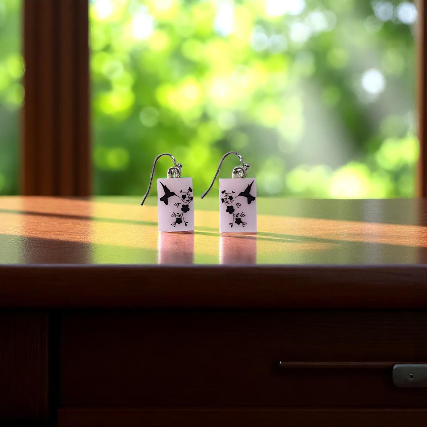 Humming Bird Fused Glass Earrings on Soft Pink Glass