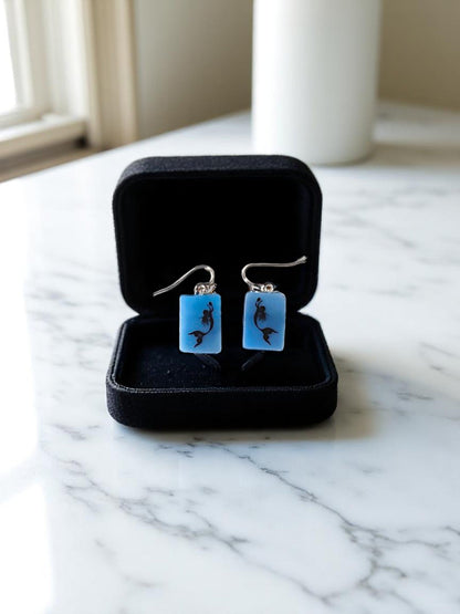 Mermaid in Water Fused Glass Earrings on Sea Blue Glass