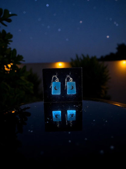 Moon and Stars Fused Glass Earrings on Light Blue Glass