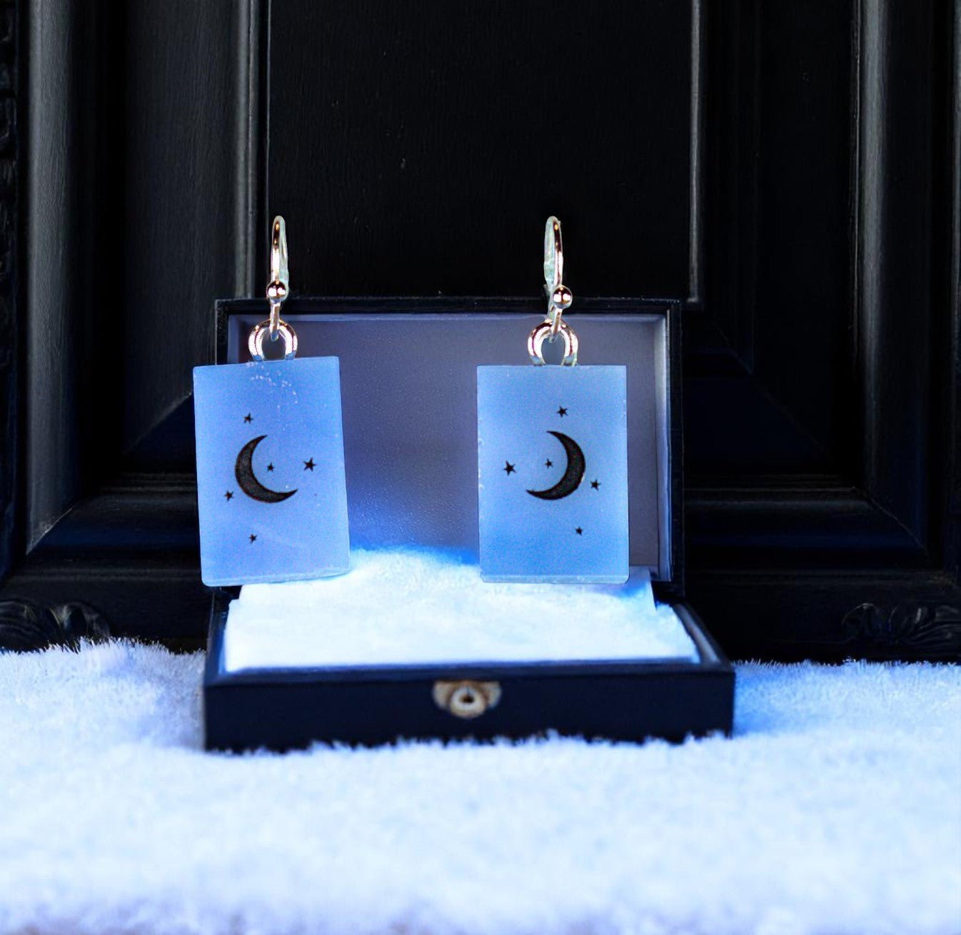Moon and Stars Fused Glass Earrings on Light Blue Glass
