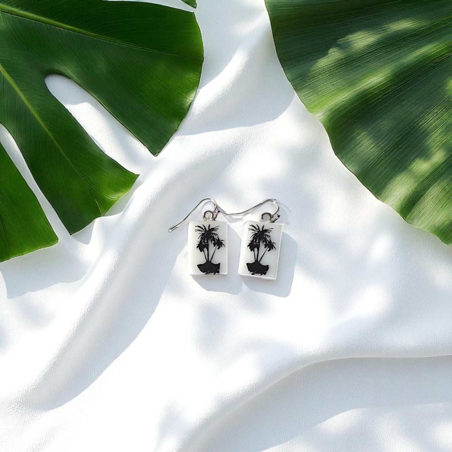 Palm Tree Fused Glass Earrings on White Glass