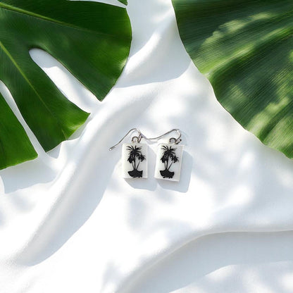 Palm Tree Fused Glass Earrings on White Glass