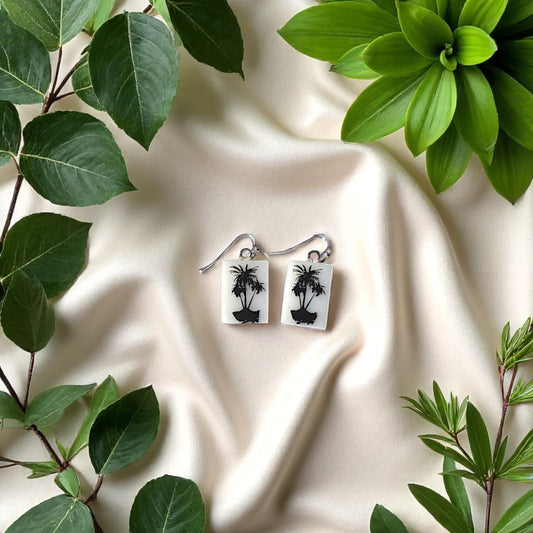 Palm Tree Fused Glass Earrings on White Glass