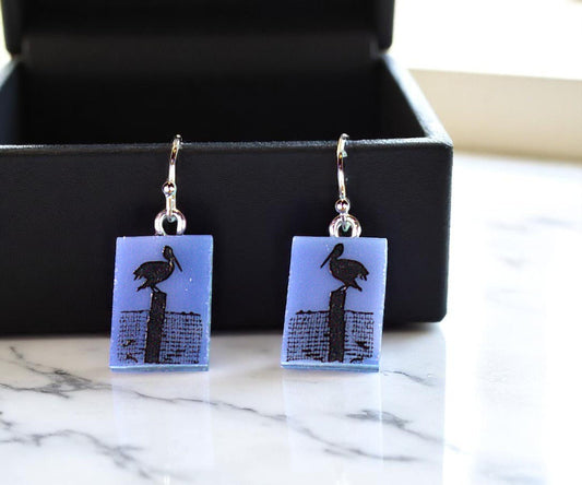 Pelican Fused Glass Earrings on Sea Blue Glass