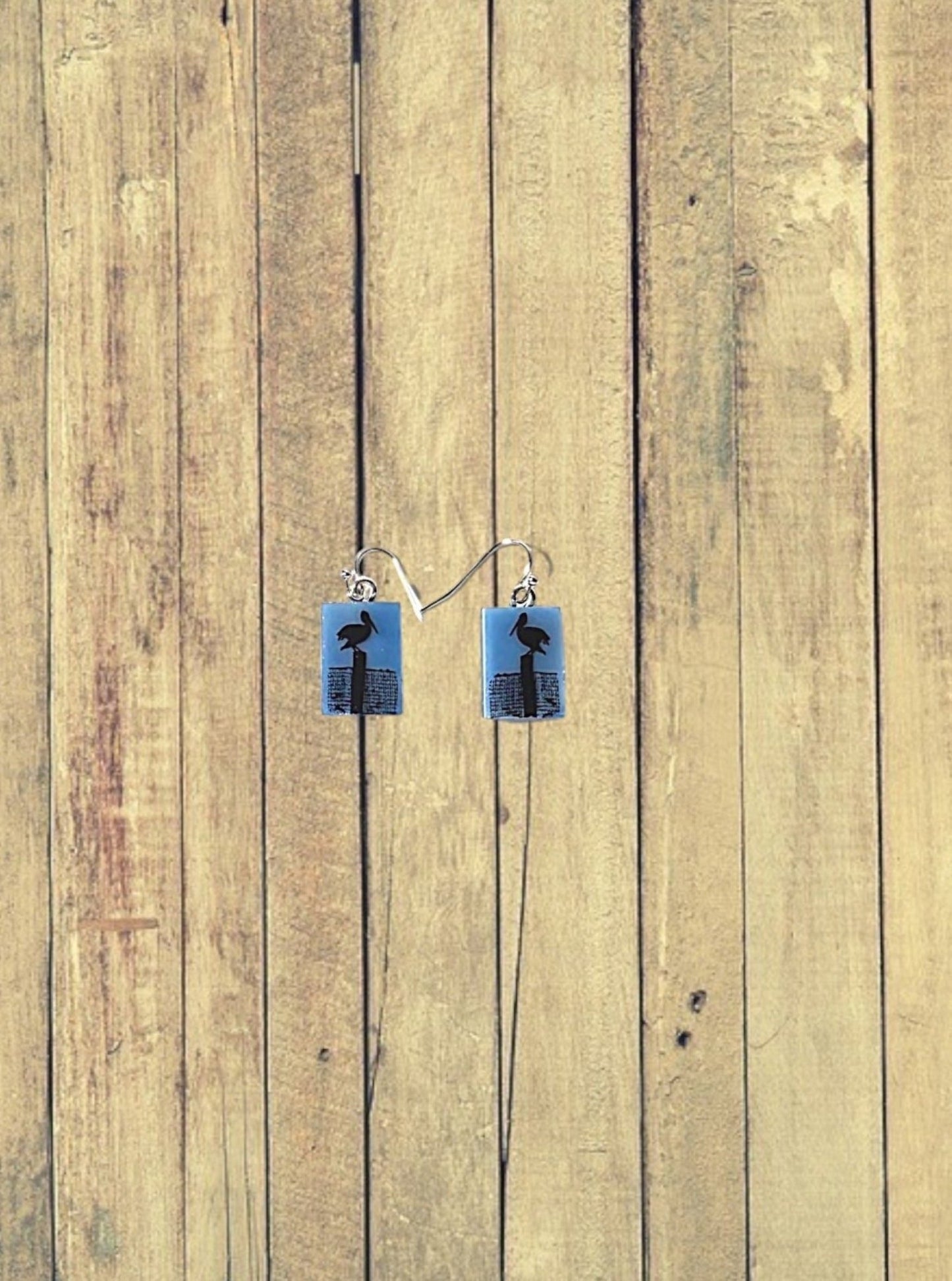 Pelican Fused Glass Earrings on Sea Blue Glass