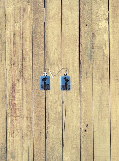 Pelican Fused Glass Earrings on Sea Blue Glass