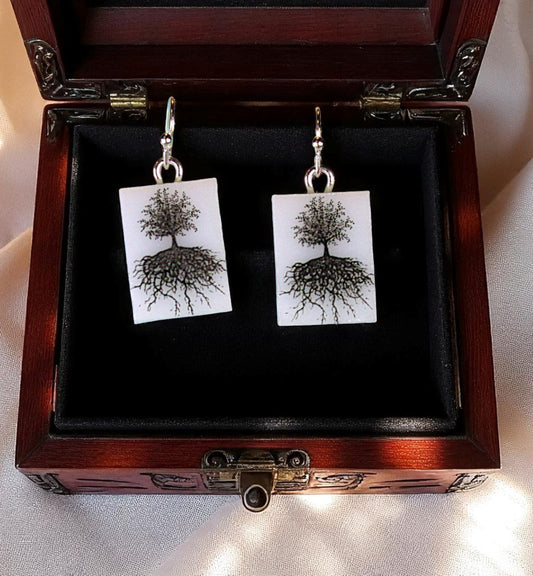 Tree of Life Fused Glass Earrings on White Glass
