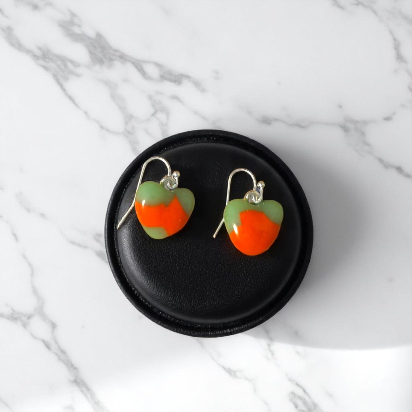 Heart Earrings made of Fused Glass Orange and Jade