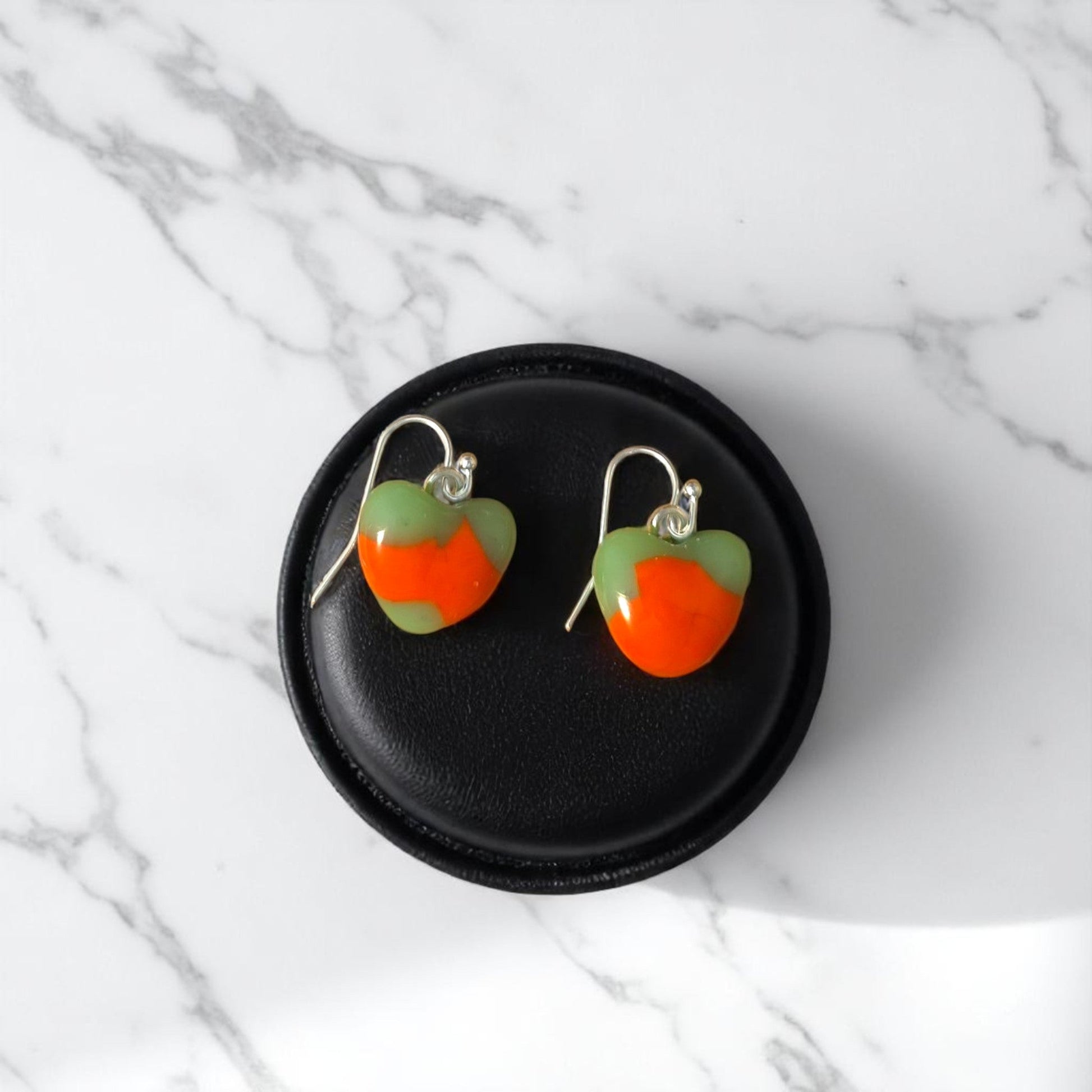 Heart Earrings made of Fused Glass Orange and Jade