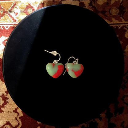  Jade and Red Heart Earrings on black pillow - The Glass Jewl