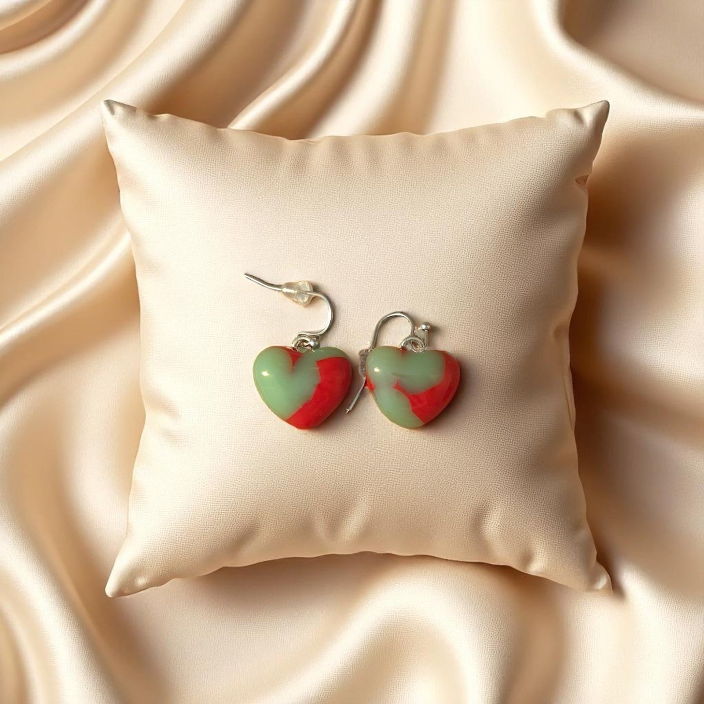 Jade and Red Heart Earrings on cream pillow - The Glass Jewl