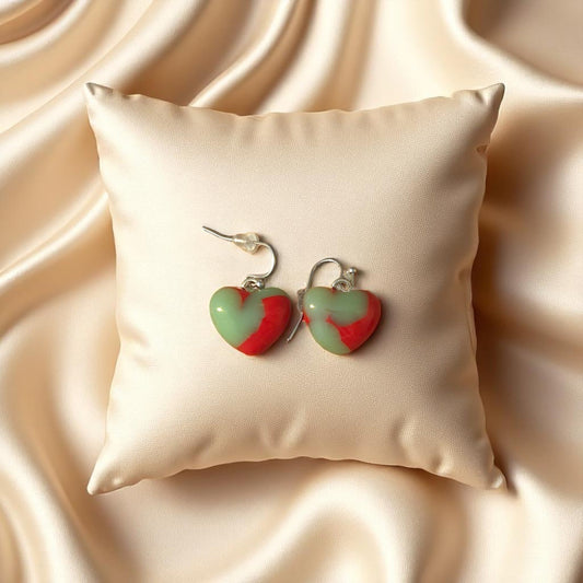 Jade and Red Heart Earrings on cream pillow - The Glass Jewl