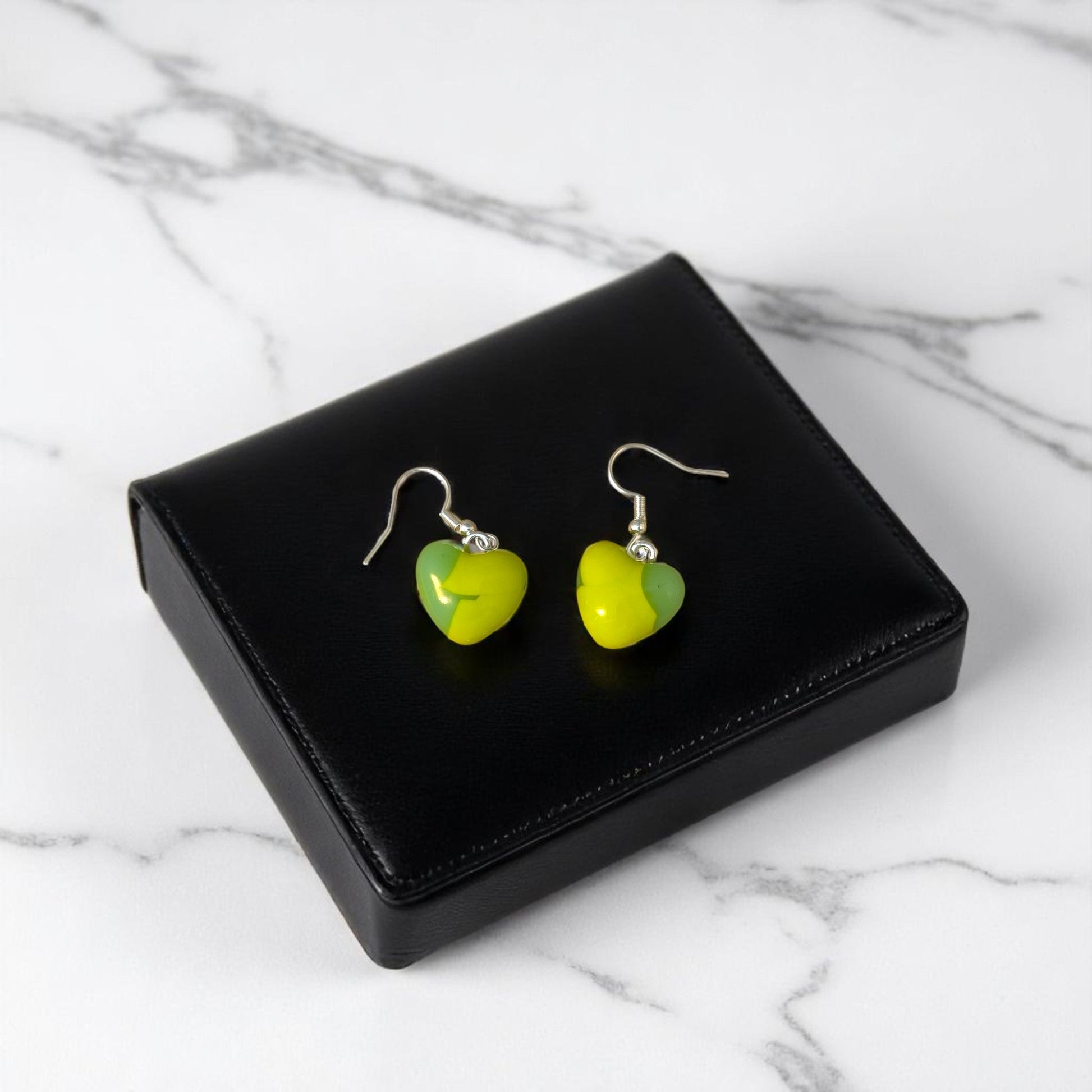 Heart Earrings made of Fused Glass in Spring Green and jade