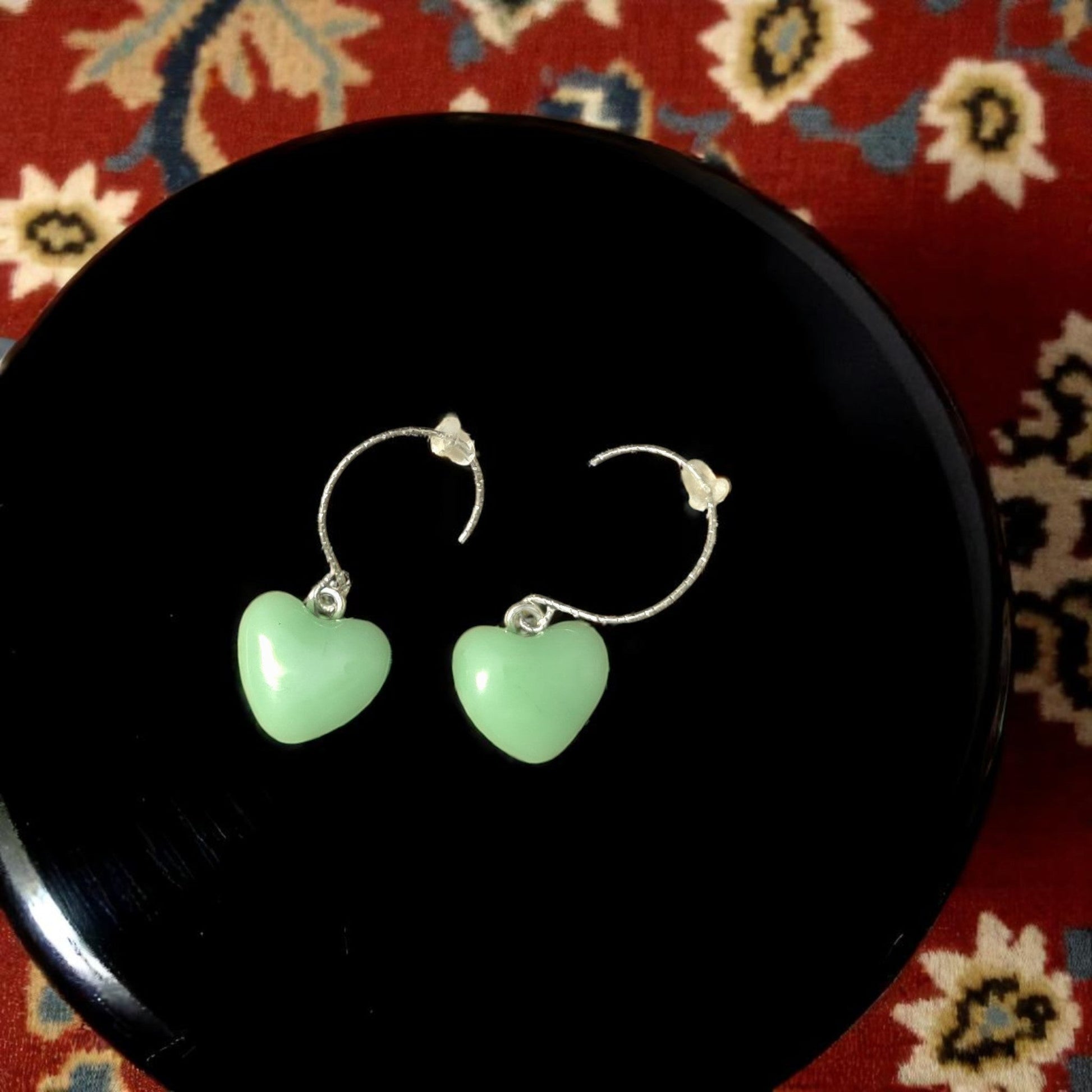 Heart Earrings made of Fused Glass Jade Color