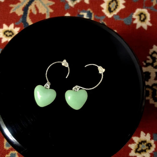 Heart Earrings made of Fused Glass Jade Color