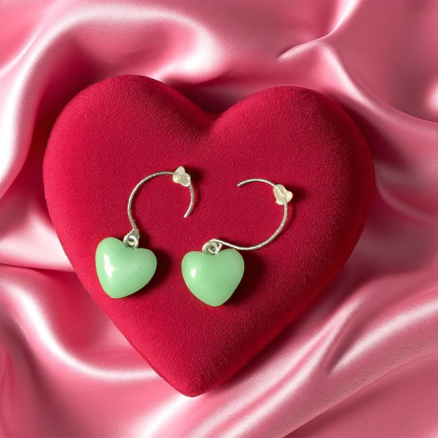 Heart Earrings made of Fused Glass Jade Color