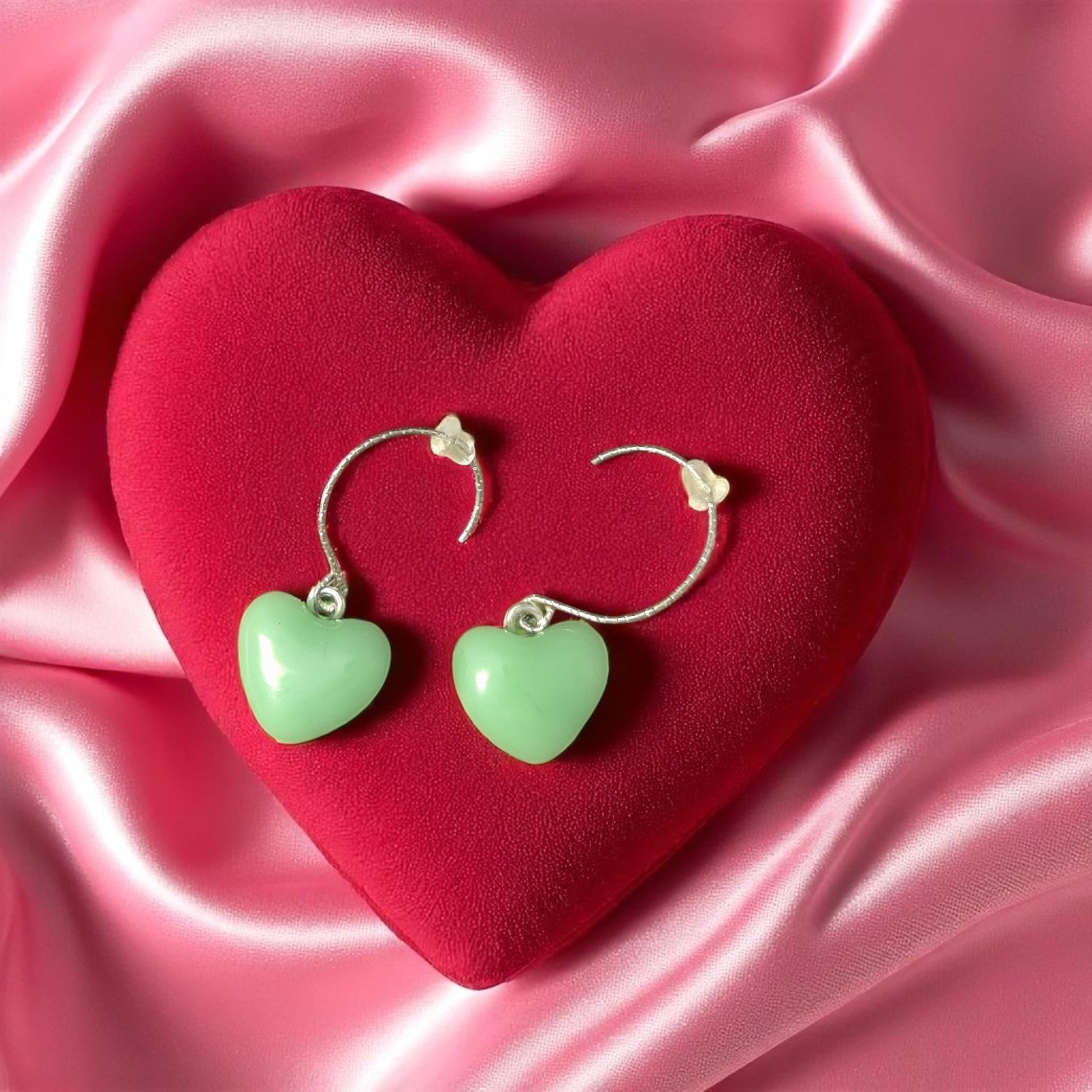 Heart Earrings made of Fused Glass Jade Color