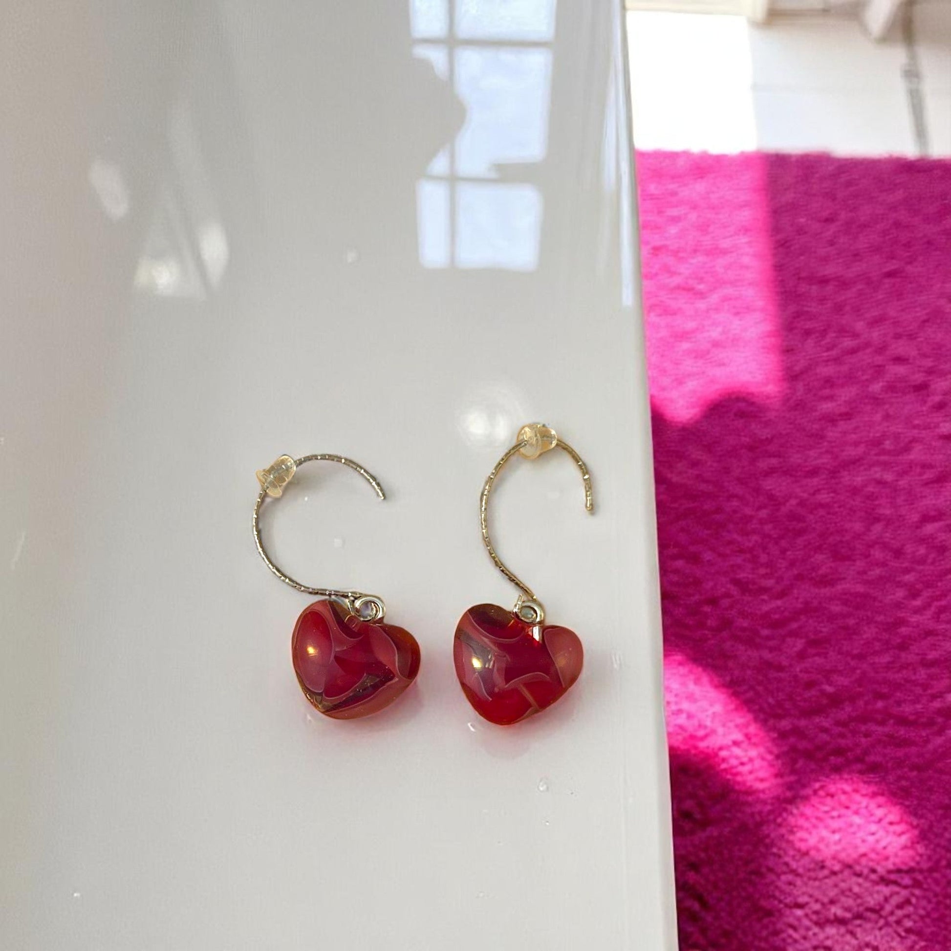 Heart Earrings made of Fused Glass in Maroon and Clear Swirls