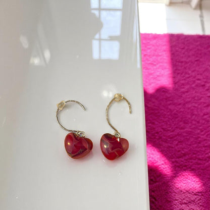 Heart Earrings made of Fused Glass in Maroon and Clear Swirls
