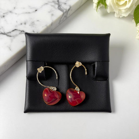 Heart Earrings made of Fused Glass in Maroon and Clear Swirls