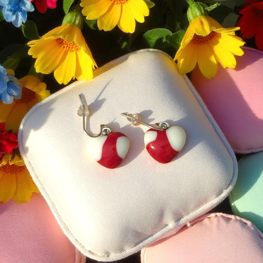  Heart Earrings made of Fused Glass in Red and White on white pillow