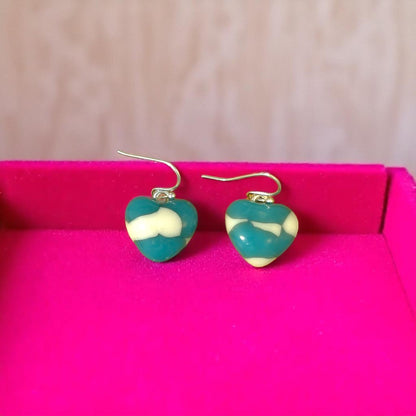 Heart Earrings made of Fused Glass in Turquoise and French Vanilla