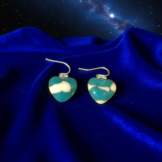 Heart Earrings made of Fused Glass in Turquoise and French Vanilla